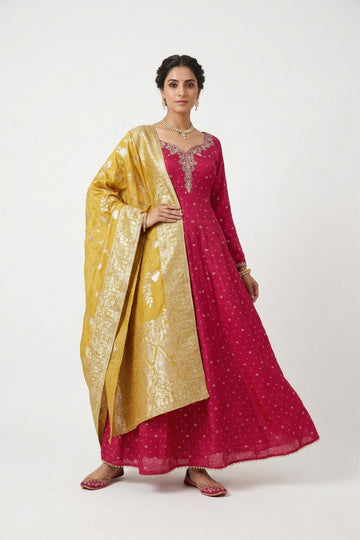 Rani Pink Anarkali Suit With Rich Mustard Banarasi Dupatta