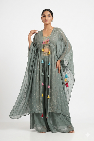Sage Green Hand Embellished Cape Jacket With Bustier & Palazzo Set