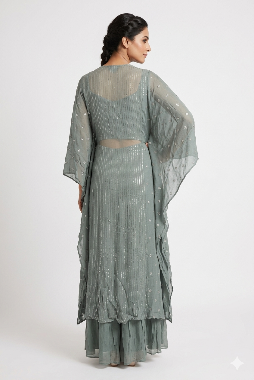 Sage Green Hand Embellished Cape Jacket With Bustier & Palazzo Set