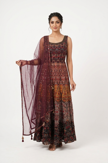 Wine Ombre Printed Anarkali Dress With Embellished Dupatta