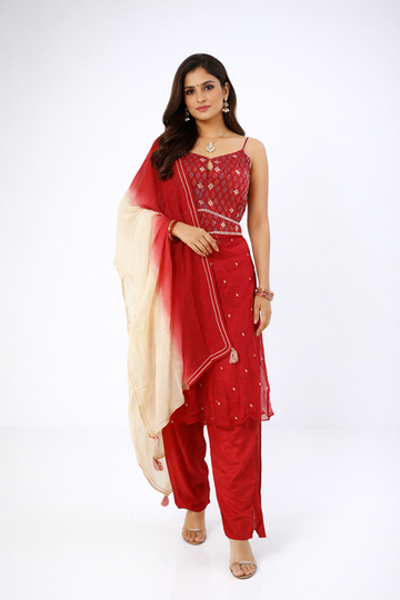Festive Red Embroidered Kurta Set With Ombre Dupatta