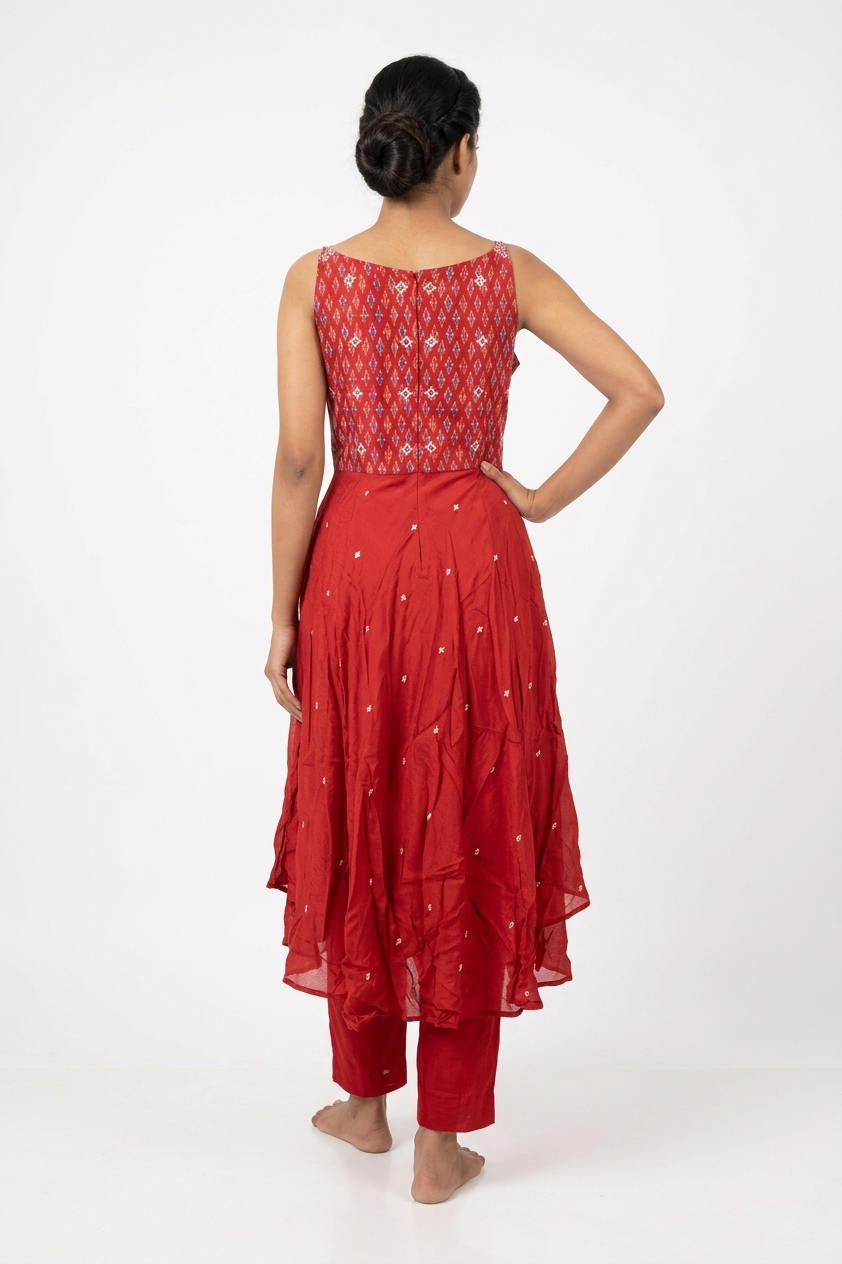 Festive Red Embroidered Kurta Set With Ombre Dupatta