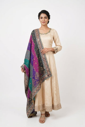 Beige Anarkali Style Dress With Multicolour Banarasi Dupatta