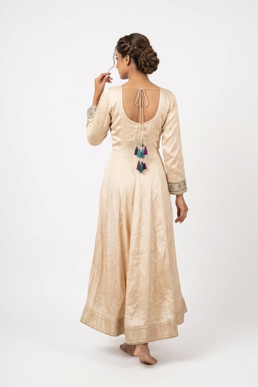 Beige Anarkali Style Dress With Multicolour Banarasi Dupatta