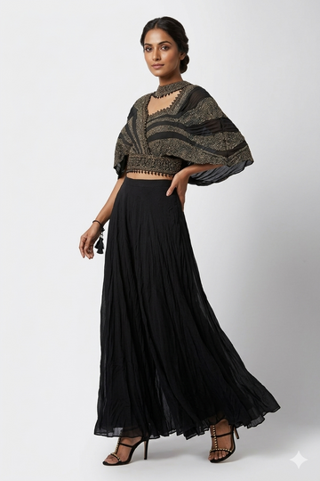 Black Draped Lehenga With Antique Gold Embroidered Blouse & Cape