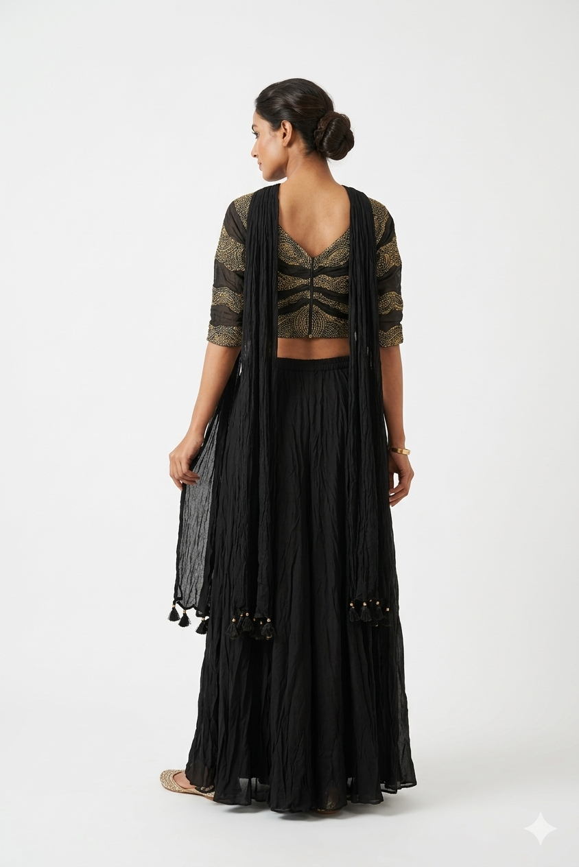 Black Draped Lehenga With Antique Gold Embroidered Blouse & Cape