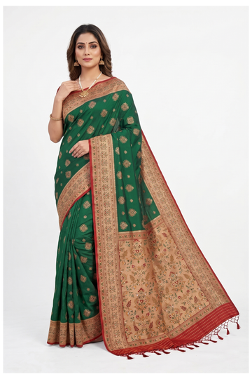 Glossy Bottle Green Banarasi Silk Saree With Weaving