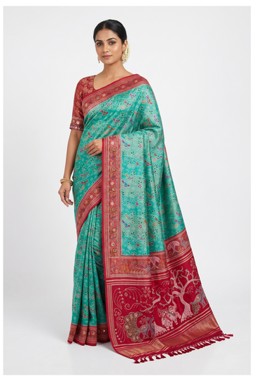 Glossy Teal Banarasi Silk Saree With Weaving