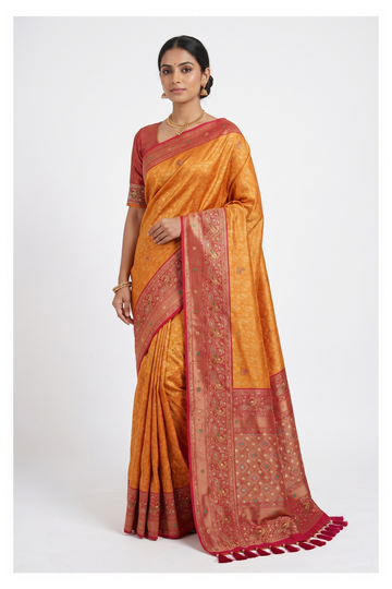 Glossy Mustard Banarasi Silk Saree With Weaving