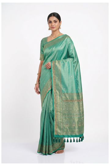 Trending Mint Green Banarasi Silk Saree With Jaal Weaving