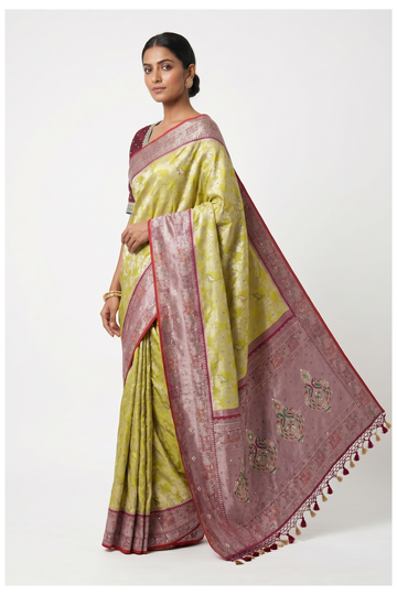Lime Green Banarasi Silk Saree With Weaving, Hand Work