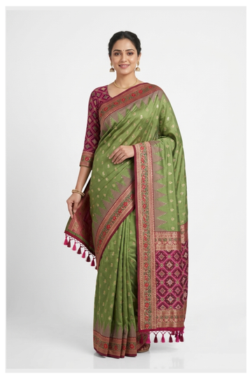 Glossy Pistachio Green Banarasi Silk Saree With Weaving
