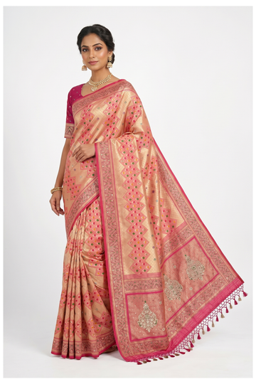 Coral Pink Banarasi Silk Saree With Jaal Weaving