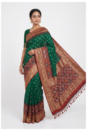 Glossy Bottle Green Banarasi Silk Saree With Weaving