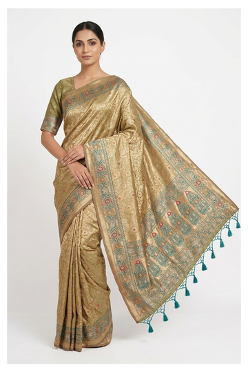 Champagne Banarasi Silk Saree With Weaving