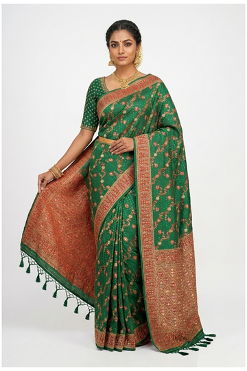 Glossy Bottle Green Banarasi Silk Saree With Weaving
