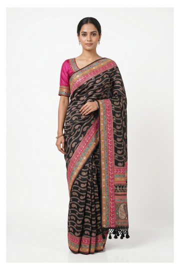Black Banarasi Crepe Art Silk Wedding Party Wear Saree