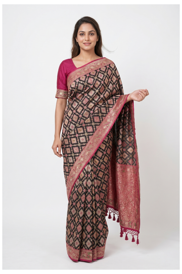 Black Banarasi Art Silk Wedding Saree With Maroon Pallu