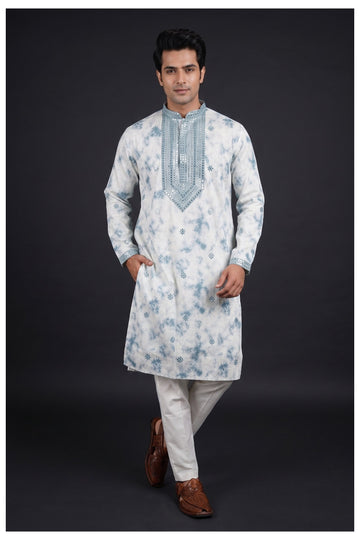 Sky Blue Tie-Dye Embroidered Men’S Kurta Set