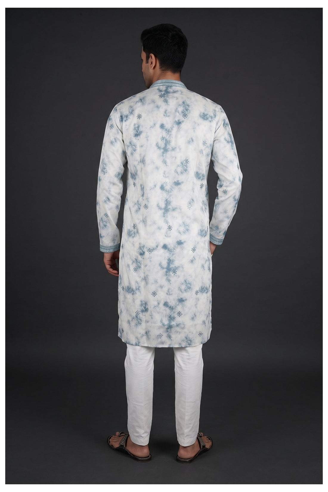 Sky Blue Tie-Dye Embroidered Men’S Kurta Set