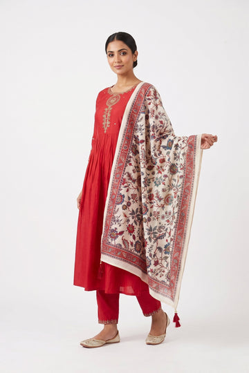 Crimson Red Embroidered Kurta Pant Set With Floral Dupatta