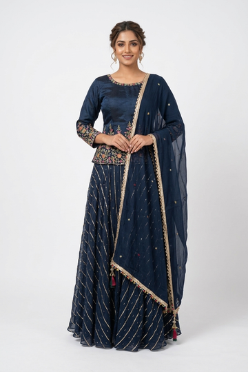 Elegant Navy Blue Embroidered Kurta Sharara Set with Dupatta