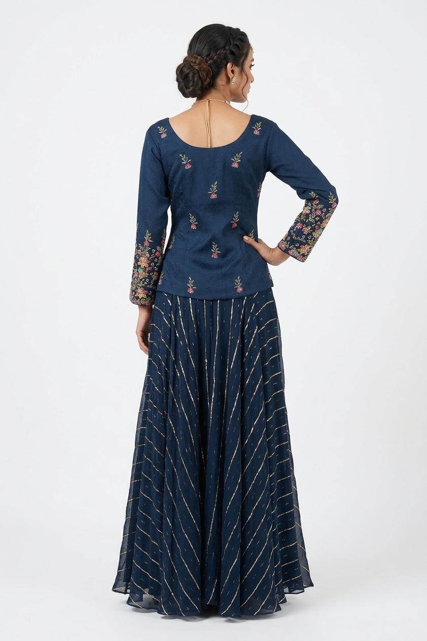 Elegant Navy Blue Embroidered Kurta Sharara Set with Dupatta