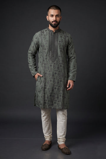 Olive Green Embroidered Festive Kurta For Men