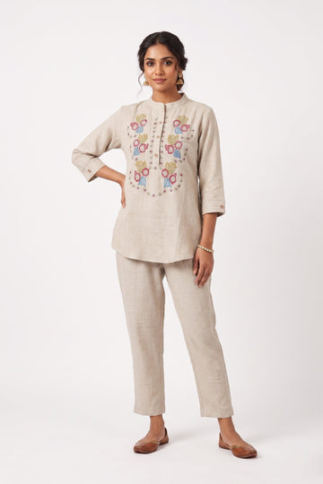 Sand Beige Floral Embroidered Co-Ord Set
