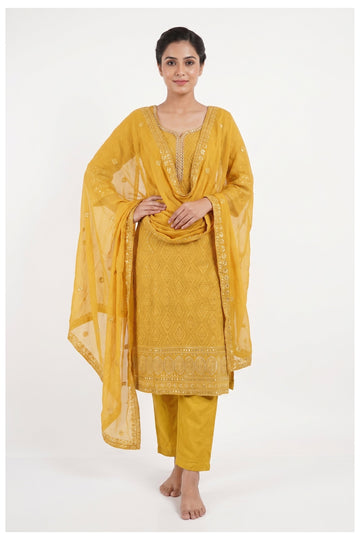 Mustard Yellow Embroidered Straight Suit Set With Dupatta