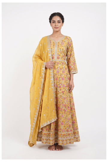Sunflower Yellow Floral Anarkali Set With Embroidered Dupatta