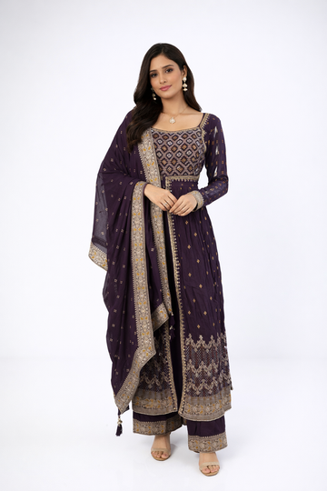 Royal Purple Embroidered Kurta Palazzo Set With Designer Dupatta