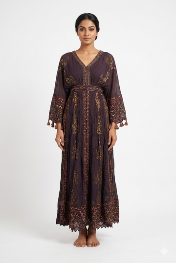 Wine Brown Embroidered Anarkali Dress With Tassel Sleeves