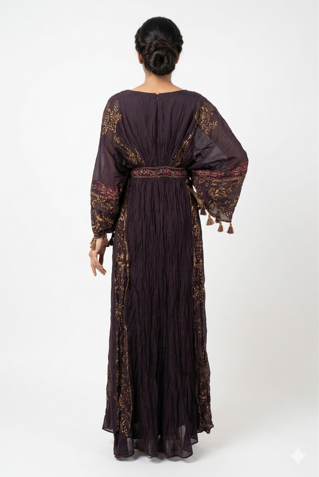 Wine Brown Embroidered Anarkali Dress With Tassel Sleeves