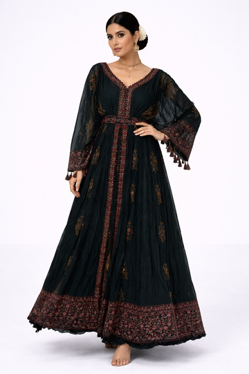 Coffee Embroidered Anarkali Gown with Tassel Sleeves