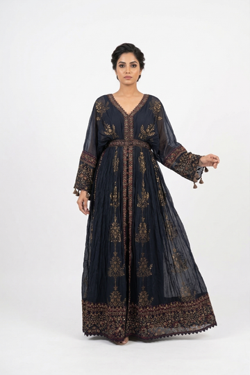 DARK NAVY Blue Embroidered Indo-Western Anarkali Dress
