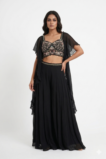 Midnight Black Embroidered Lehenga Set with Sheer Cape Sleeves