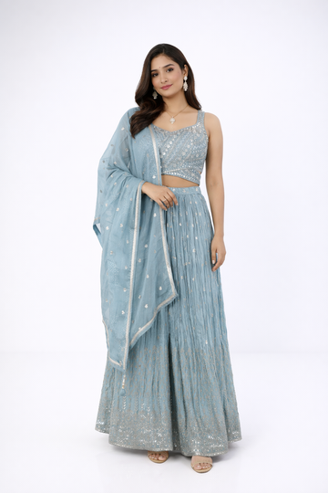 Pastel Sky Blue Embroidered Lehenga Set With Elegant Dupatta