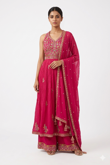 Violet Red Embroidered Anarkali Suit With Dupatta & Plazzo