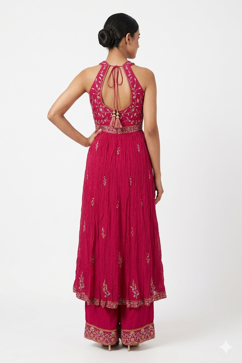 Violet Red Embroidered Anarkali Suit With Dupatta & Plazzo
