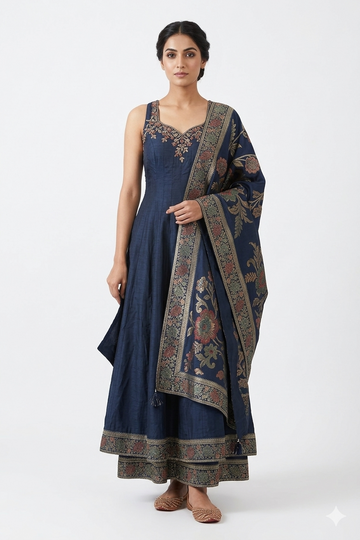 Navy Blue Silk Anarkali Dress With Woven Jacquard Dupatta