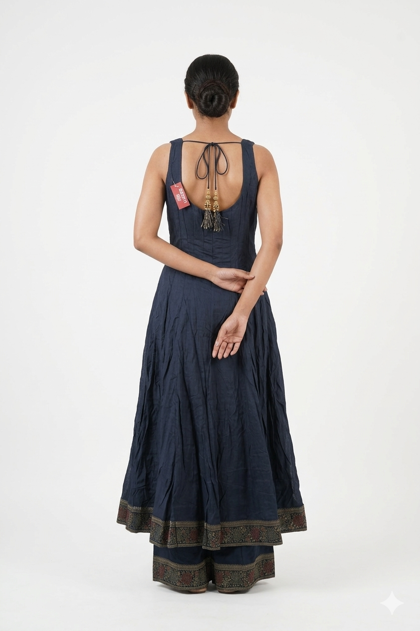 Navy Blue Silk Anarkali Dress With Woven Jacquard Dupatta