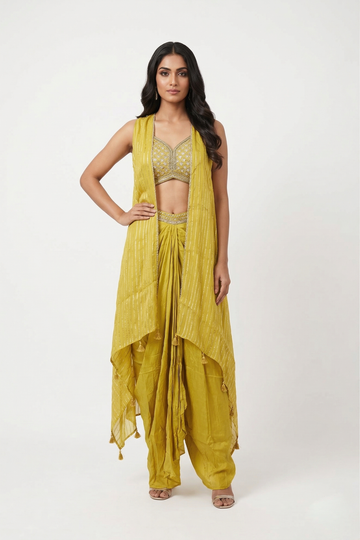 Mustard Yellow Draped Skirt Set with Embroidered Blouse & Cape Jacket