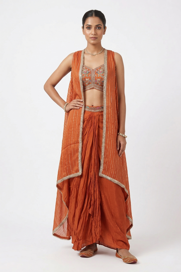Rust Orange Draped Skirt Set with Embroidered Blouse & Striped Cape Jacket