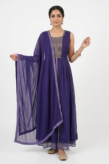 Indigo Embroidered Anarkali Kurta Set With Dupatta