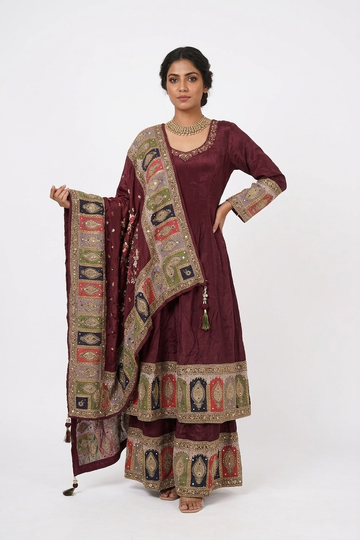 Royal Maroon Heritage Embroidered Anarkali Set With Multicolour Dupatta