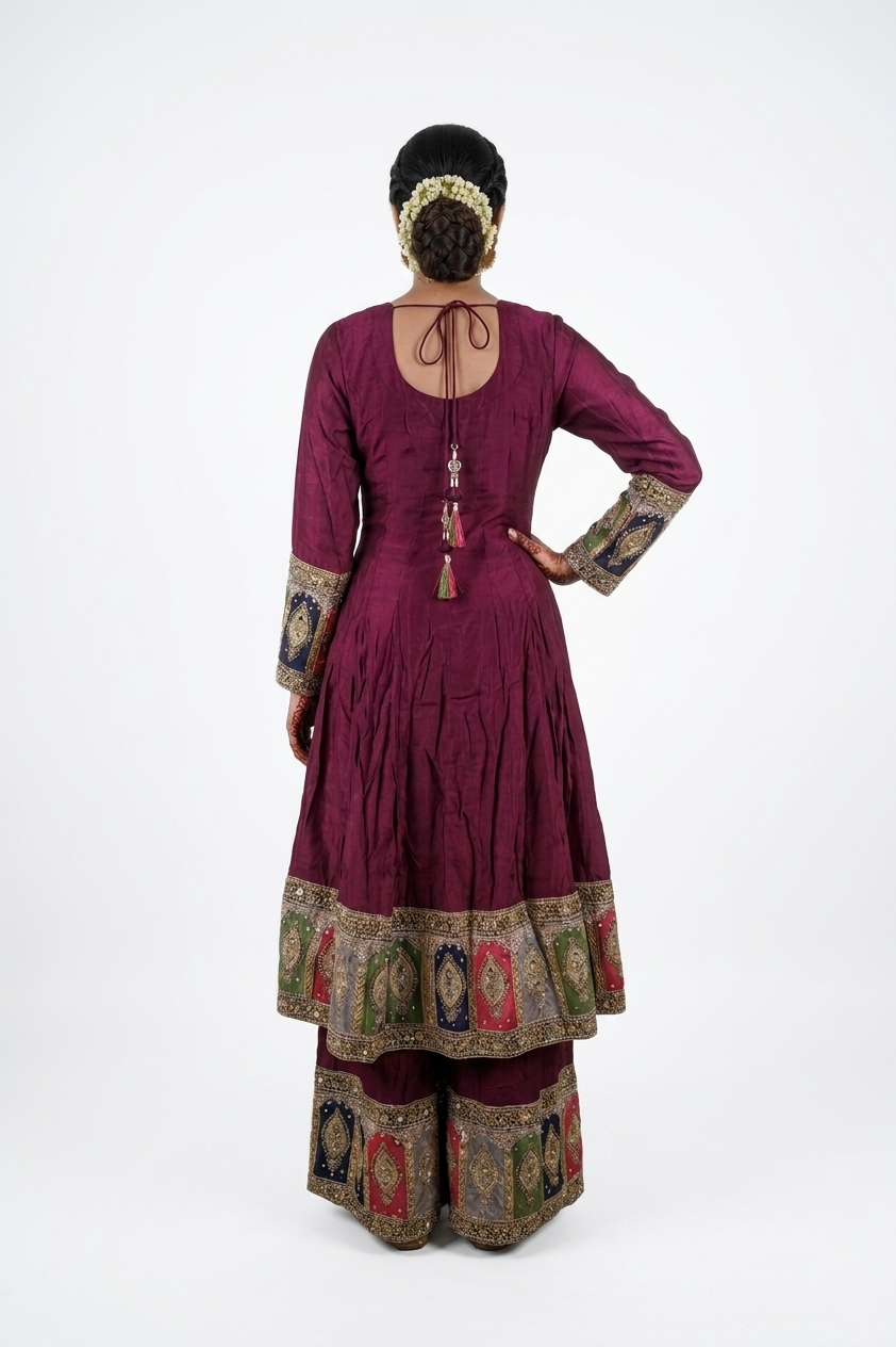 Royal Maroon Heritage Embroidered Anarkali Set With Multicolour Dupatta