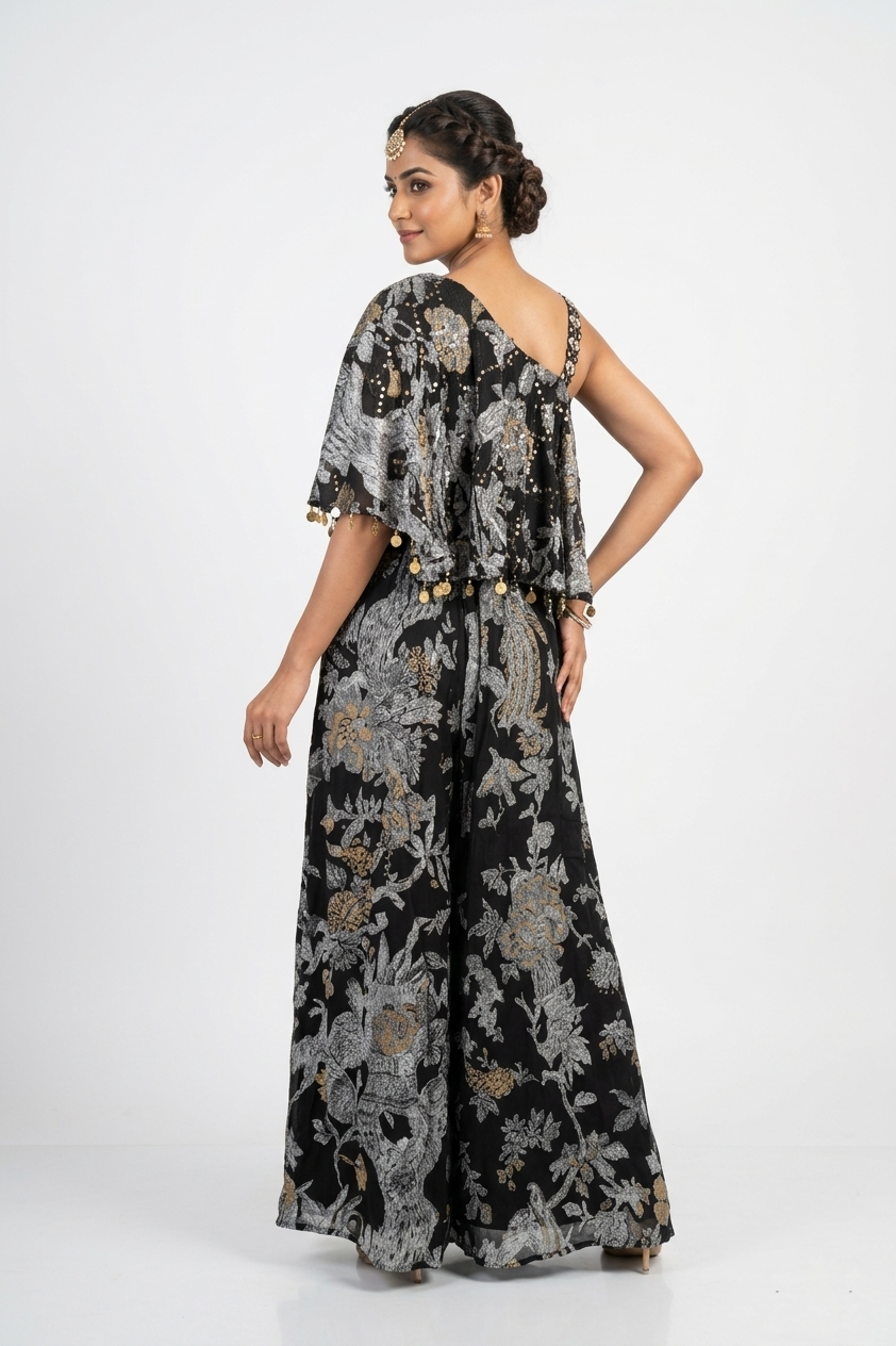 Midnight Black Floral Sequin Drape Co-Ord Set