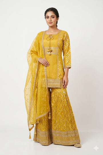Yellow Embroidered Kurta Set With Gharara & Dupatta