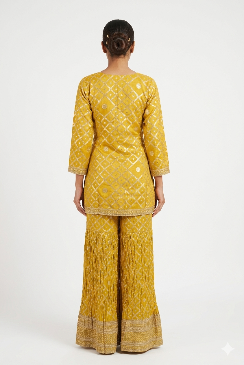 Yellow Embroidered Kurta Set With Gharara & Dupatta